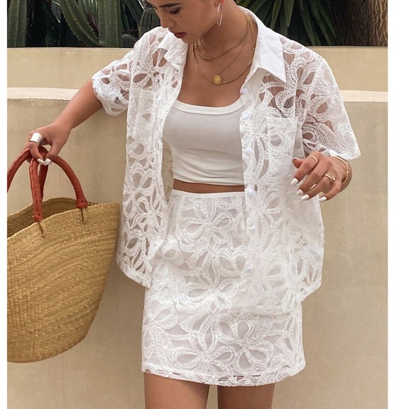 Dresses & Skirts - Boho White Floral lace Button down Shirt Mini Skirt Set